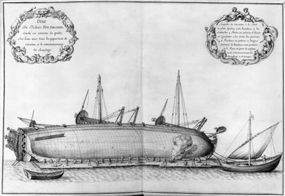 Esterno di una nave sdraiata sul suo scafo, illustrazione dall
